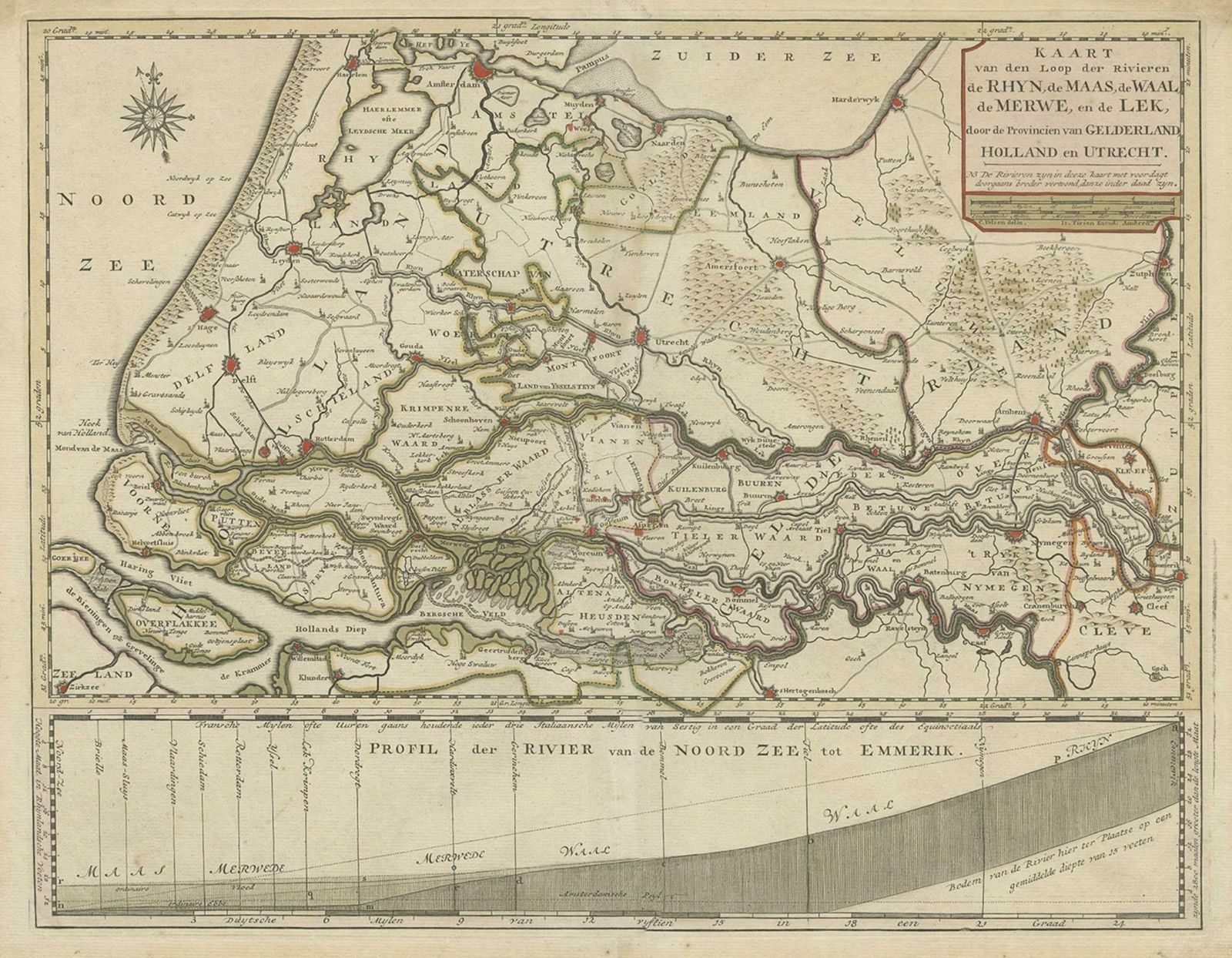 Detailed Map Of Dutch Rivers, With The Rhine, Maas, De Merwe En De Lek, C.1750 photo for sale