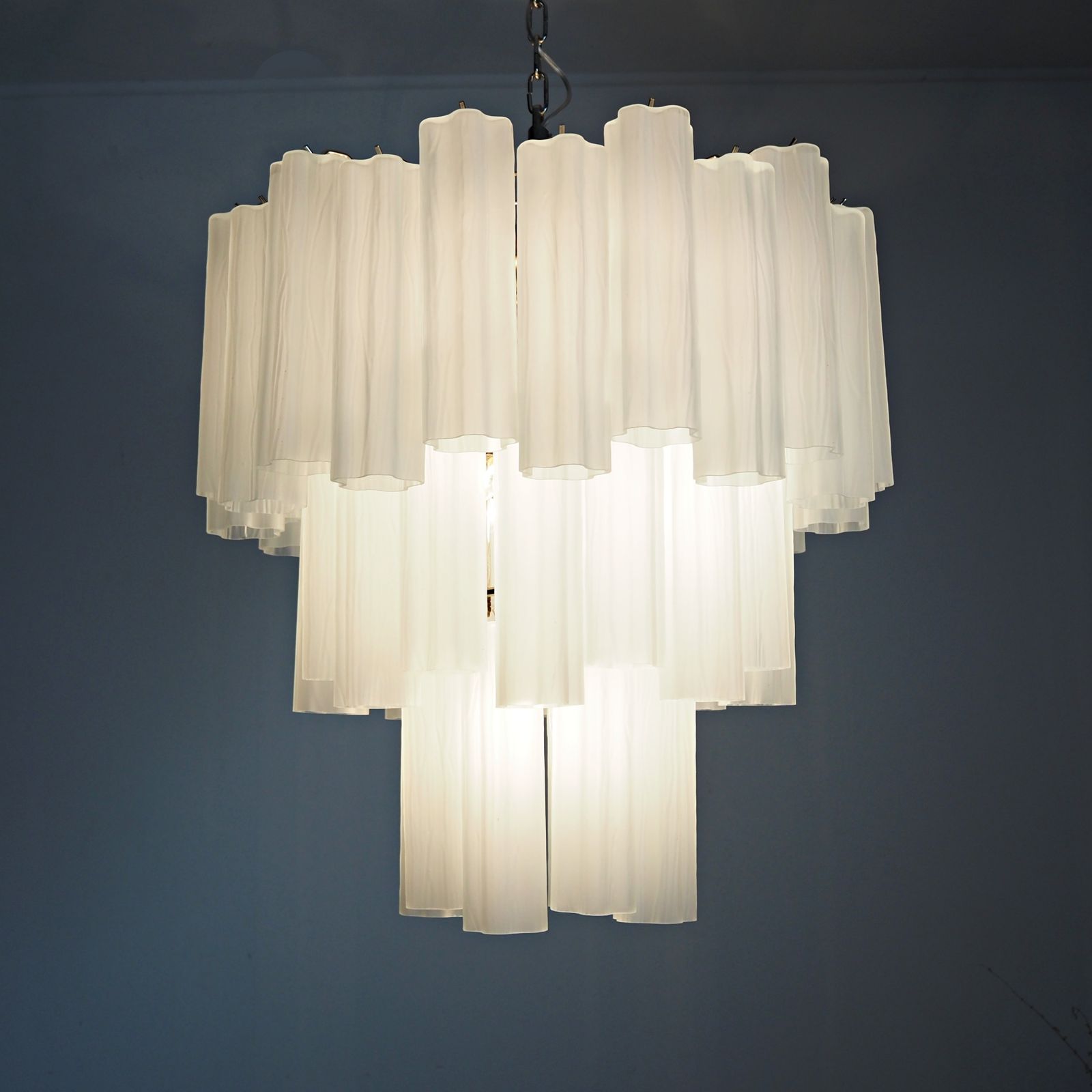 Large Three Tier Venini Murano Glass Tube Chandelier   Etched Glass photo for sale
