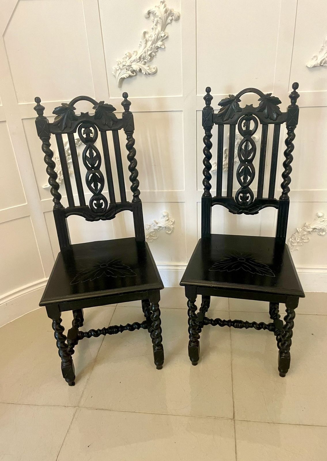 Pair Of Antique 19th Century Quality Carved Ebonised Oak Side Chairs