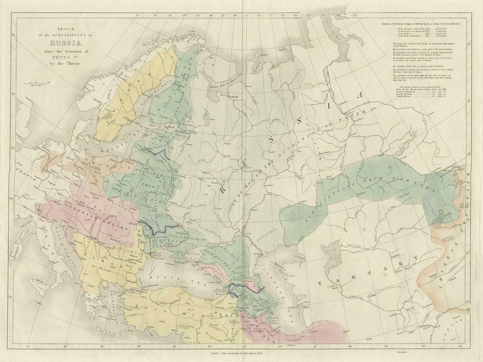 Historical Antique Map Of Russia, Examining The History Of Russia, 1838 photo for sale
