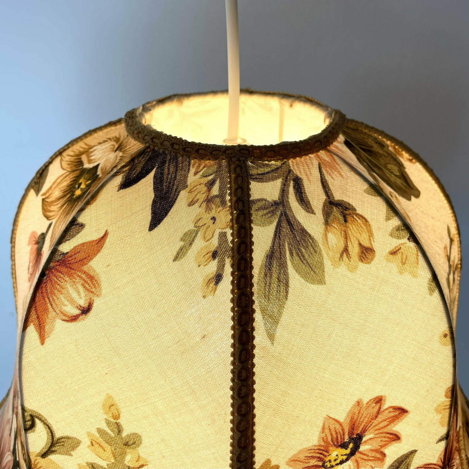 Beautiful Danish Vintage Ceiling Lamp From The 1950s With Flower Patternes Fabric Shade And Golden Fringes photo 229.0