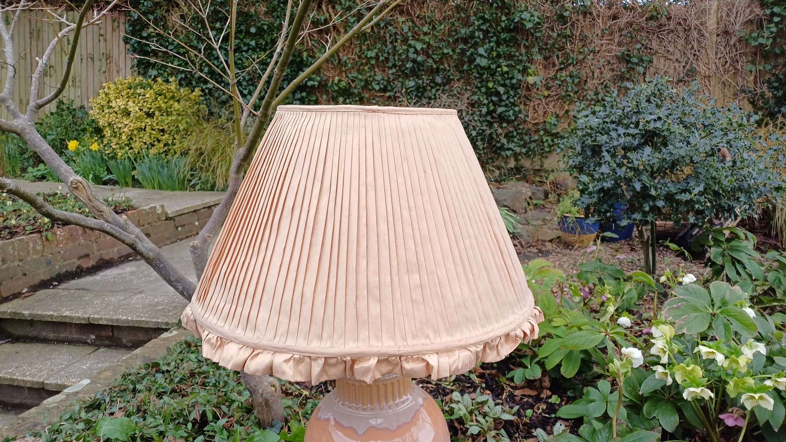 Huge Heavy Ceramic Lamp Glazed Pottery Lustre Finish And Glaze. Pleated Silk Effect Lampshade. photo furniture