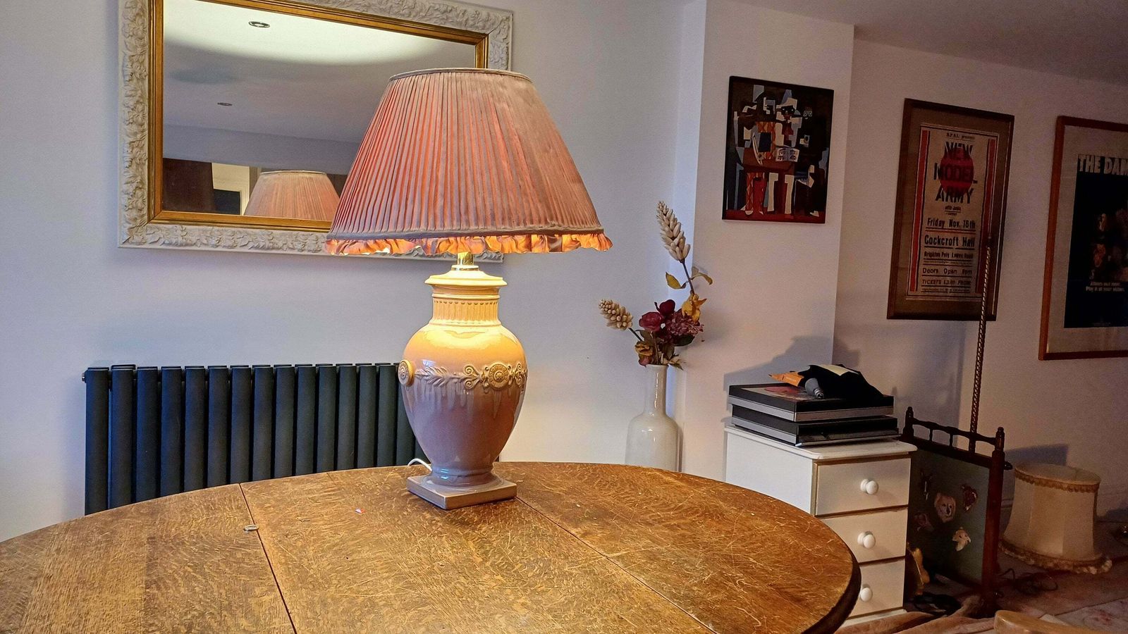 photo for sale Huge Heavy Ceramic Lamp Glazed Pottery Lustre Finish And Glaze. Pleated Silk Effect Lampshade.