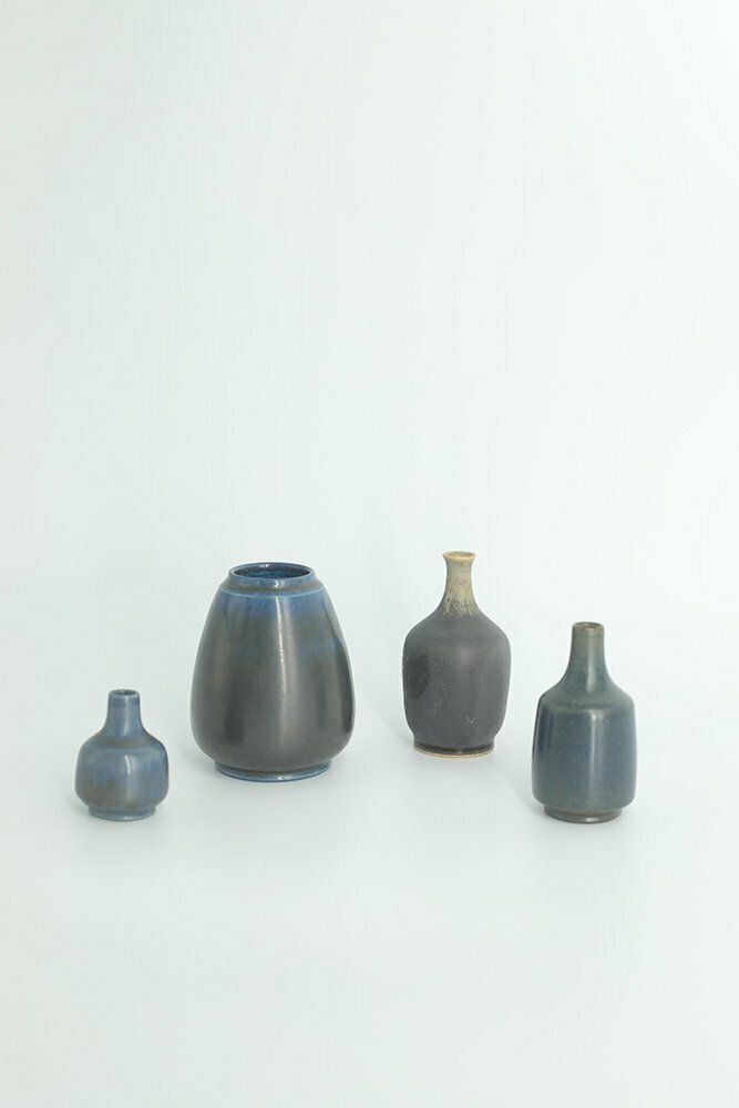 Small Mid Century Scandinavian Modern Collectible Blue & Brown Stoneware Vase By Gunnar Borg For Gunnars Keramik Höganäs, 1960s, Set Of 4