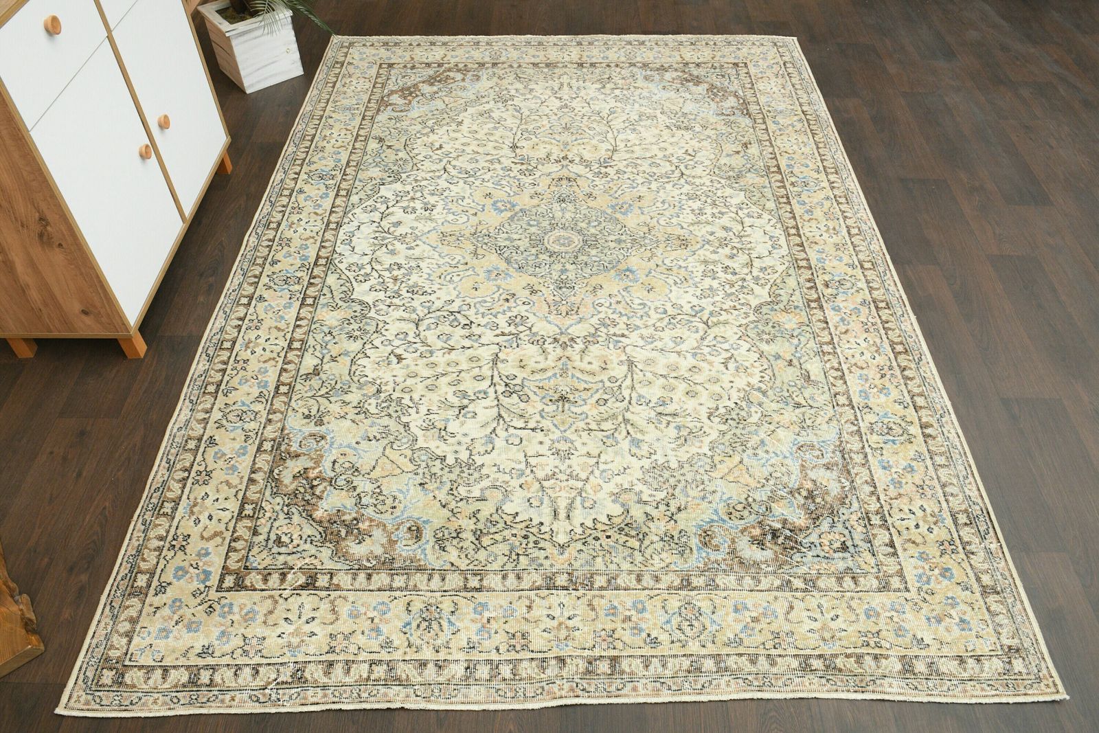 7x9 Faded Beige Green Rug, Handmade Vintage Rug, Turkish Oushak Rug, Area Rug, Beige Green Rug, 7x9 Large Rug, Living Room Rug, 6.7x9.4 Ft