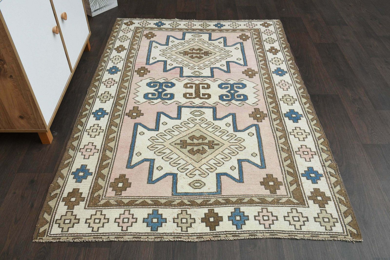 4x6 Pink White Brown Vintage Rug, Handmade Turkish Rug, Oushak Rug, Area Rug, Home Decor, 4x6 Rug, Living Room Rug, Washable Rug, 4.3x6.2 Ft
