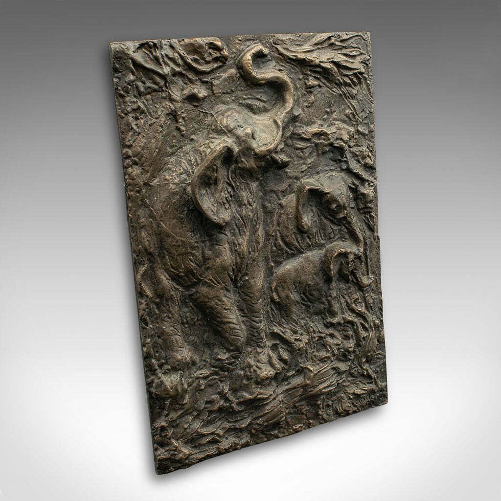 Vintage Elephant Relief Plaque English Bronze Outdoor Plate Mid Century 1960