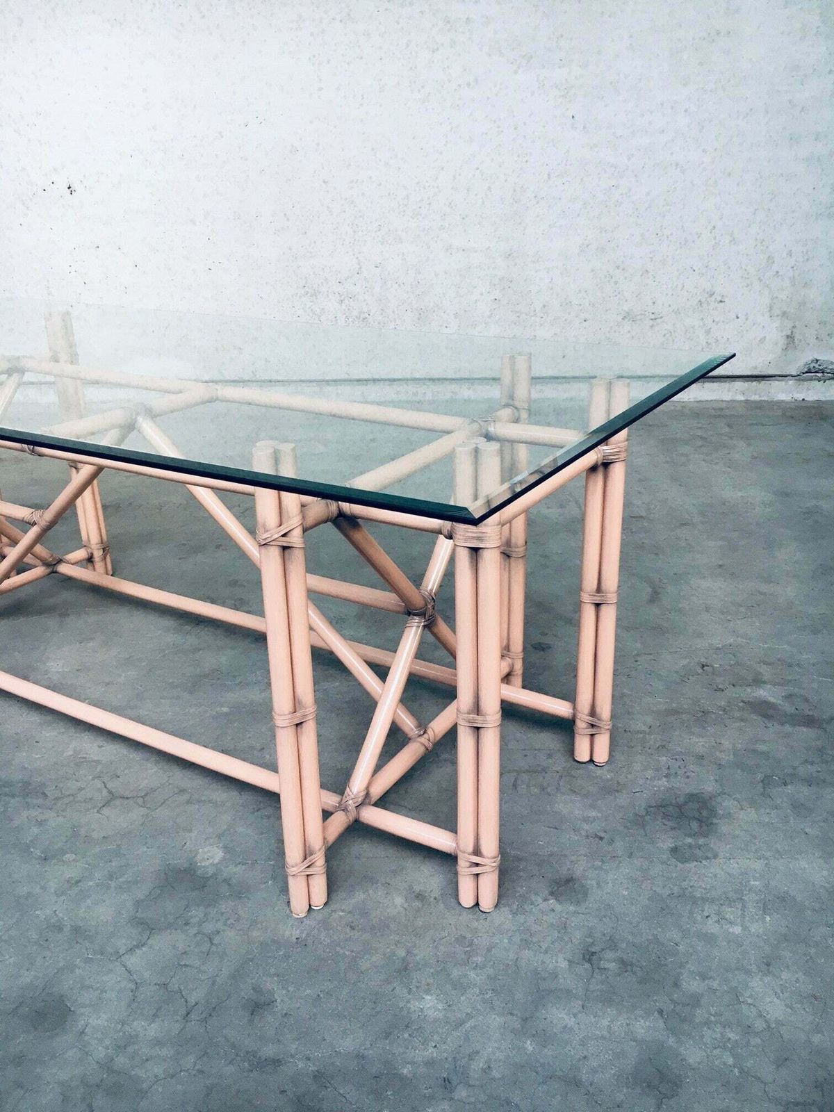 photo furniture Organic Monumental Faux Bamboo Glass Top Dining Table In The Style Of Mcguire