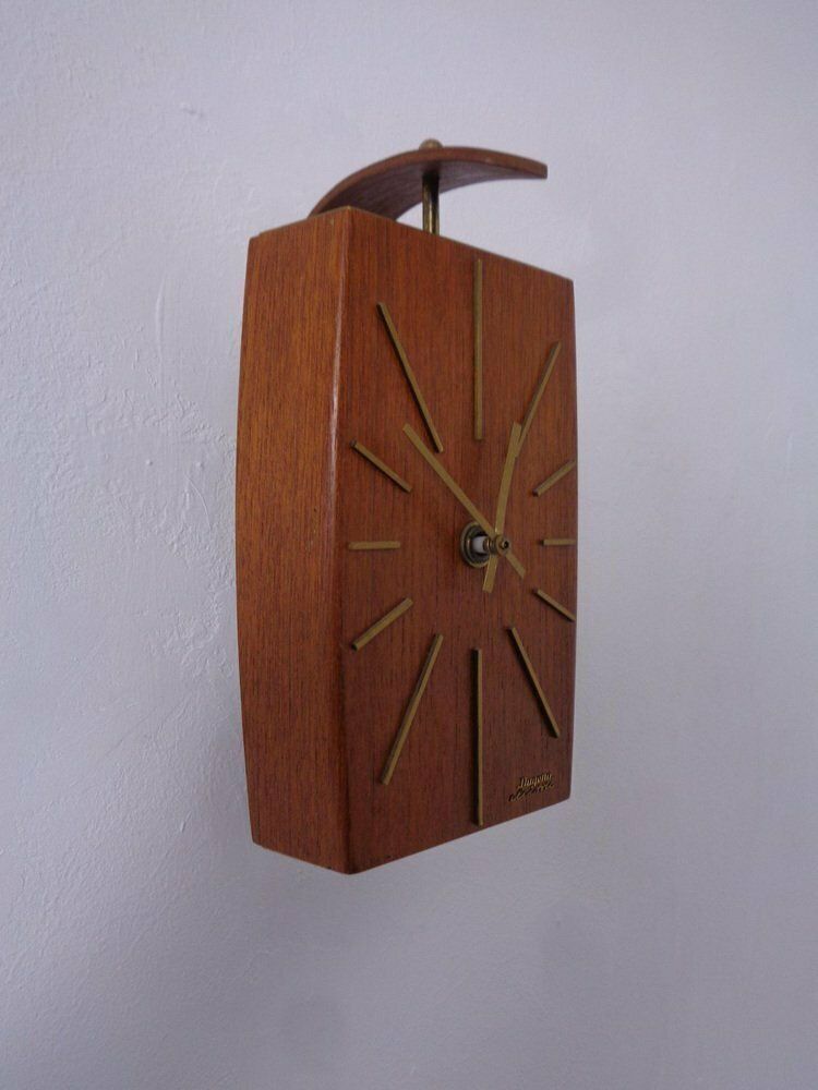 Teak & Brass Dugena Electric Wall Clock, Germany, 1960s photo 377.0