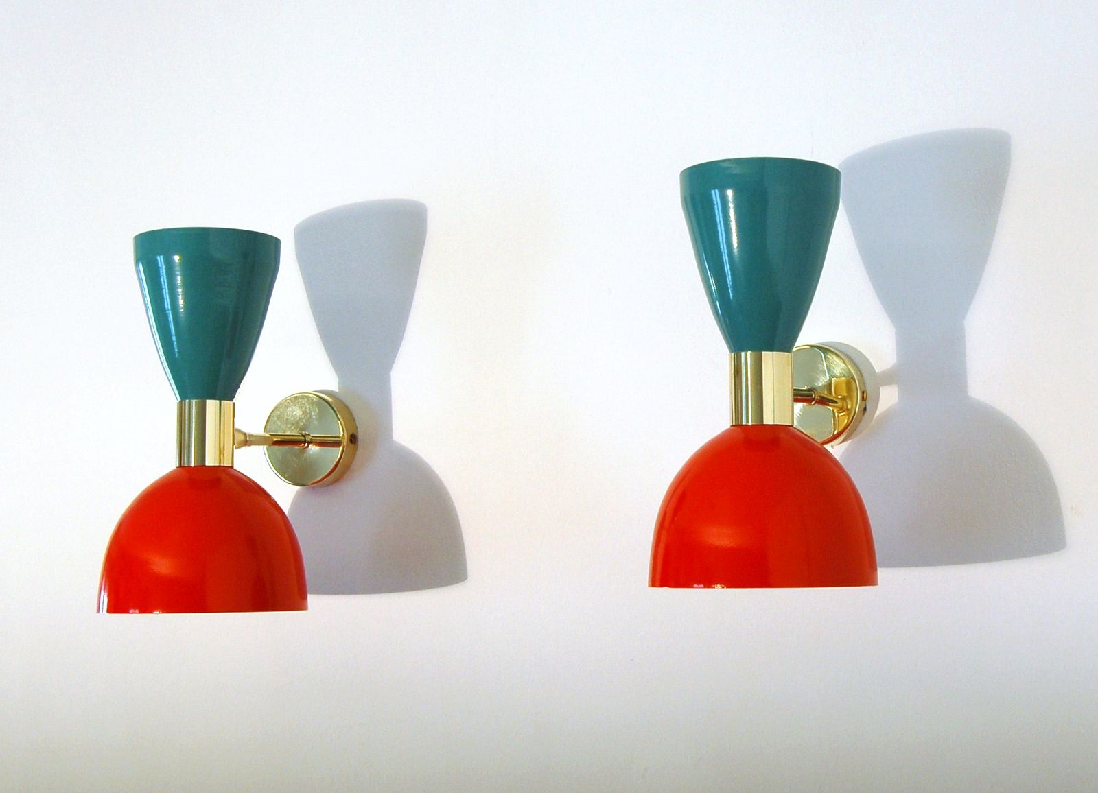 Pair Of Applique / Wall Lamp Metal And Brass Red / Green Style '50