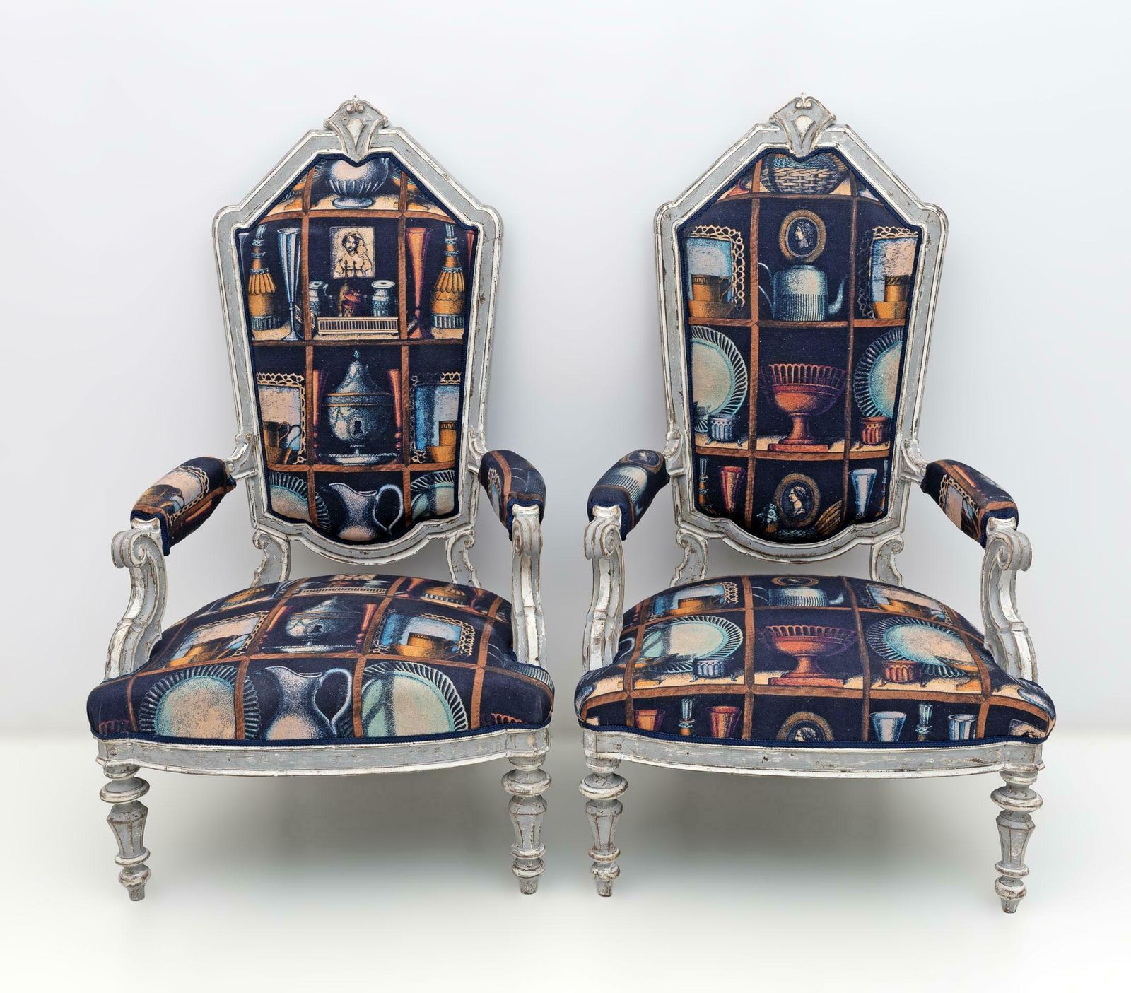 Pair Of Italian Neoclassical Armchairs With Fornasetti Linen Fabric photo for sale