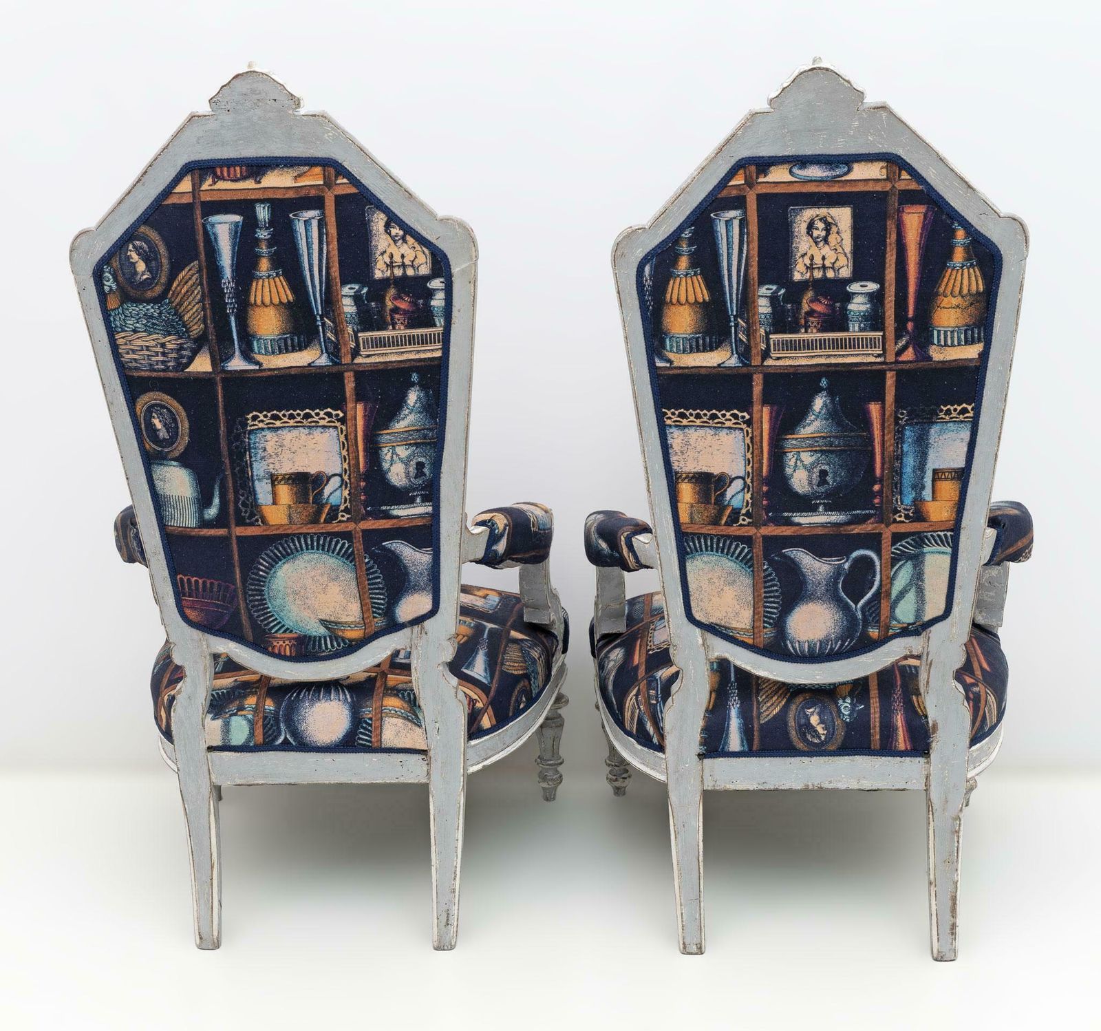 Pair Of Italian Neoclassical Armchairs With Fornasetti Linen Fabric photo vintage