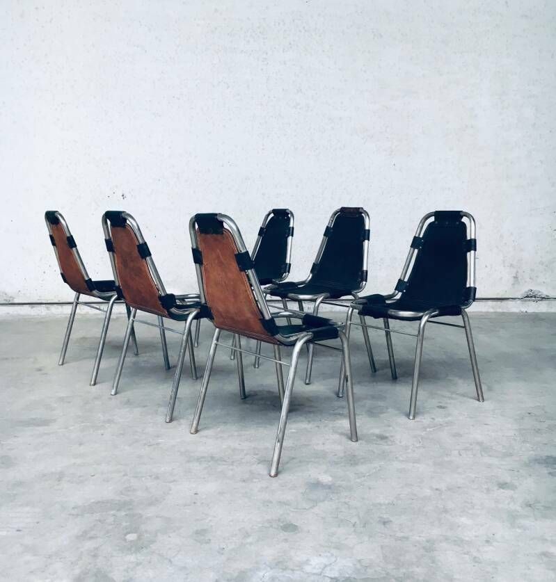 Meubels Industrieel Design Eetkamerstoelen Van Leer En Staal, Model "Les Arcs", Jaren 1980 photo