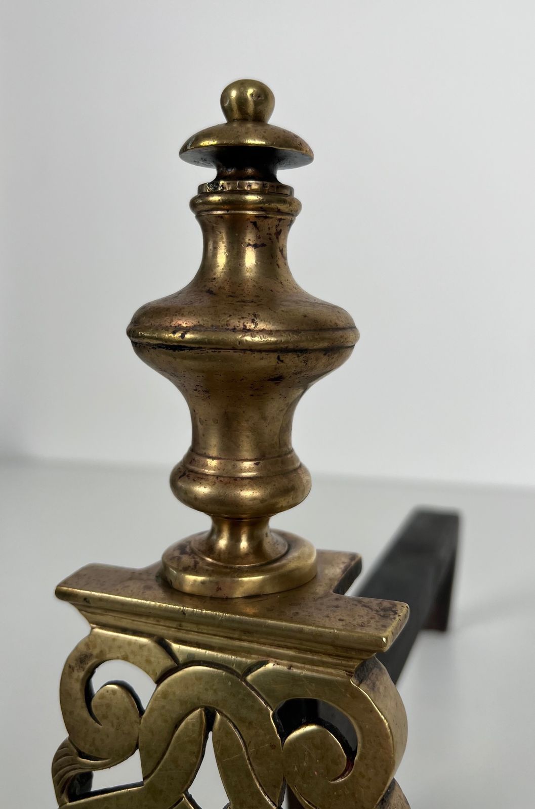 photo for sale Pair Of Chiseled Bronze Andirons.