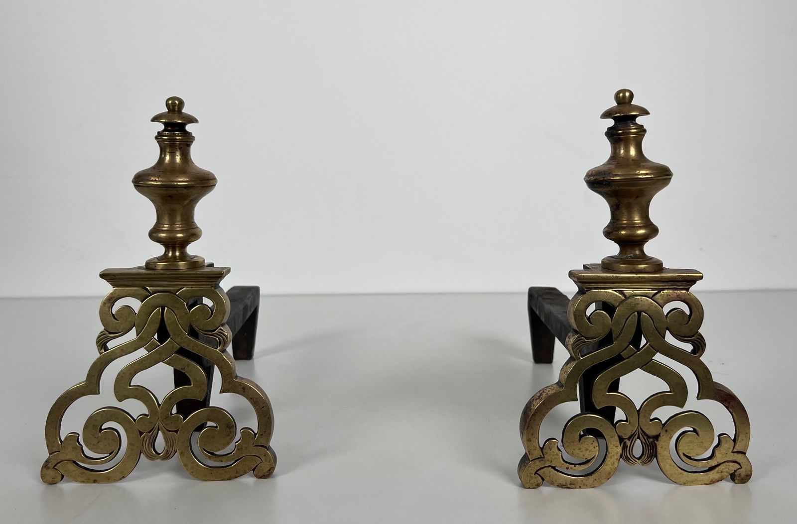 880.0 Pair Of Chiseled Bronze Andirons. photo