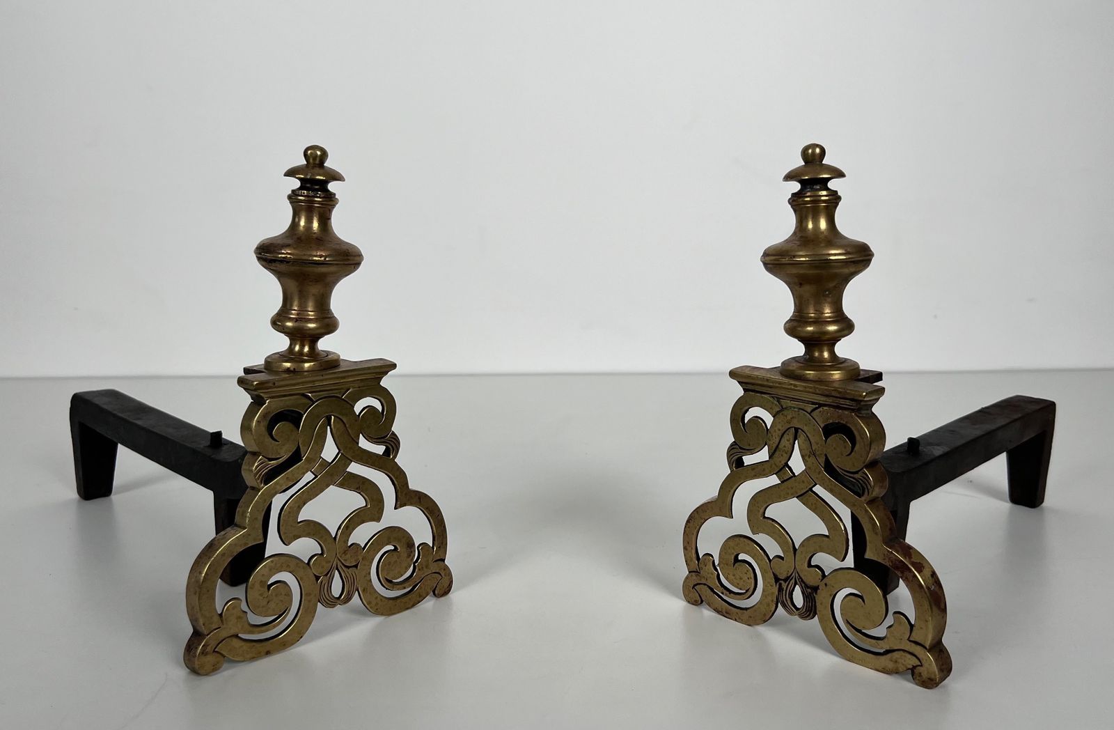 photo vintage Pair Of Chiseled Bronze Andirons.