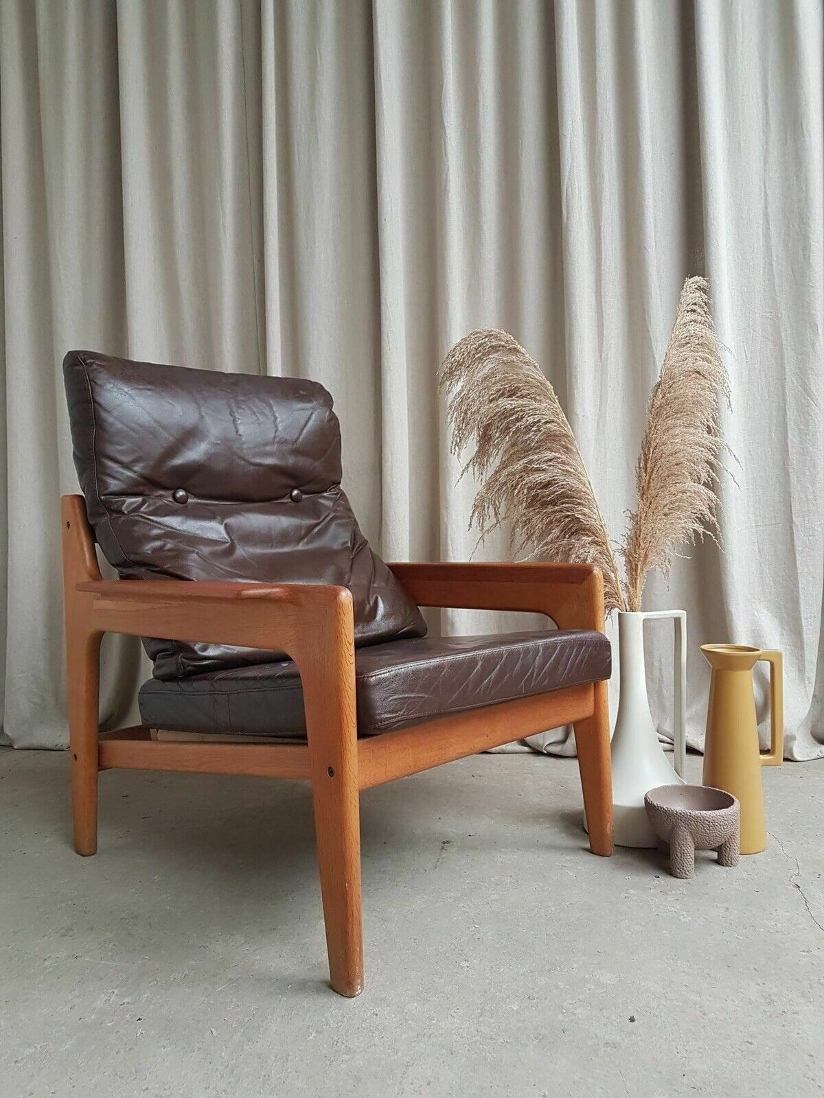 Vtg Mid Century Danish Oak Leather Lounge Arm Chair By Komfort Scandi