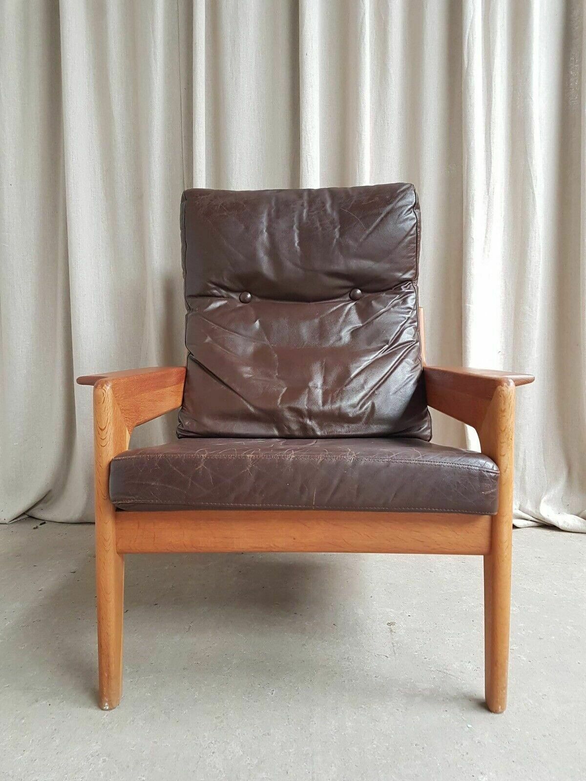 Vtg Mid Century Danish Oak Leather Lounge Arm Chair By Komfort Scandi photo for sale