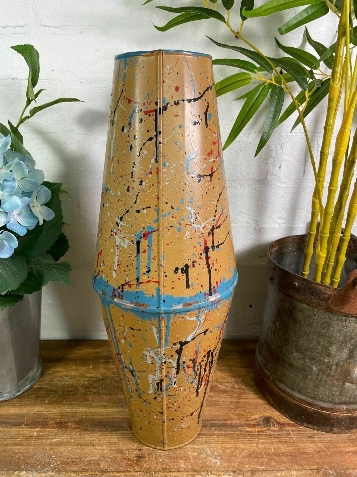 Large Vintage Hungarian Retro Mid Century Hand Painted Metal Vase photo vinterior