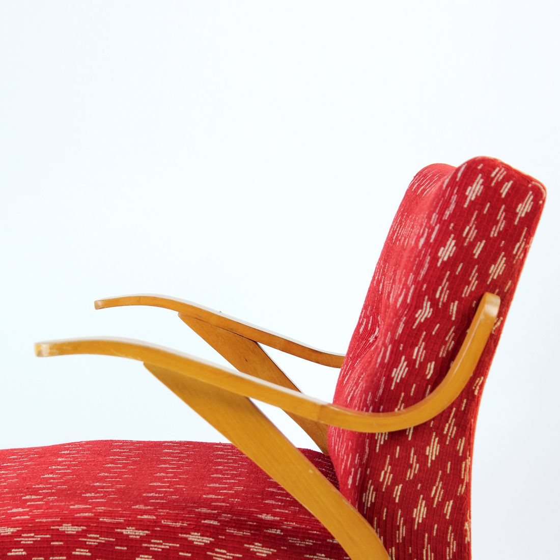 Midcentury Armchair In Original Red Fabric & Blonde Wood, Czechoslovakia 1960s photo furniture