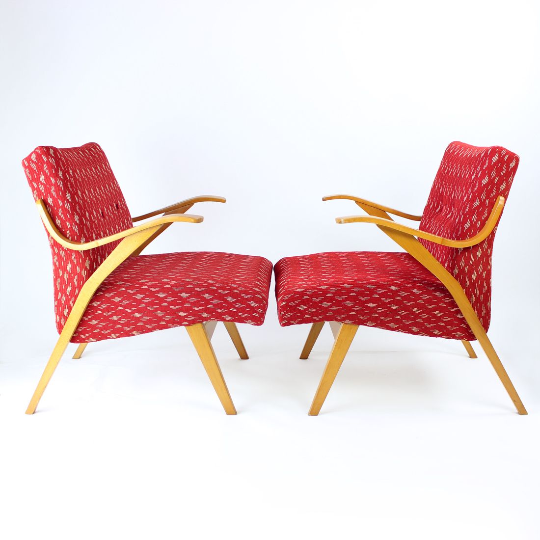 photo for sale Midcentury Armchair In Original Red Fabric & Blonde Wood, Czechoslovakia 1960s