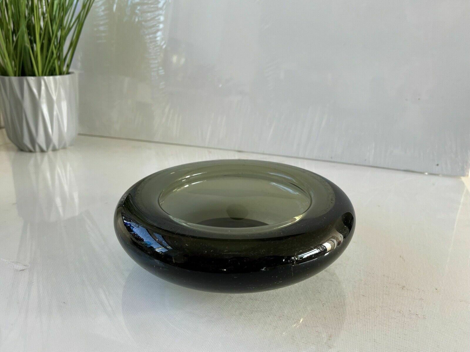 Signed 1950's Danish Holmegaard Per Lutken Smoke Grey Glass Scandi 2kg Bowl Dish photo Home Decor