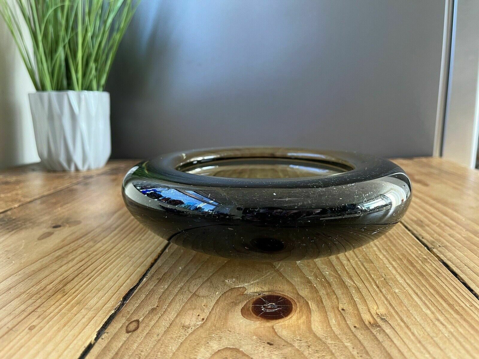 90.0 Signed 1950's Danish Holmegaard Per Lutken Smoke Grey Glass Scandi 2kg Bowl Dish photo