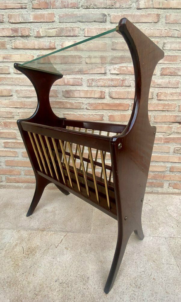 Home Decor Vintage French Glass And Wood Folio Stand Magazine Rack, 1950s photo