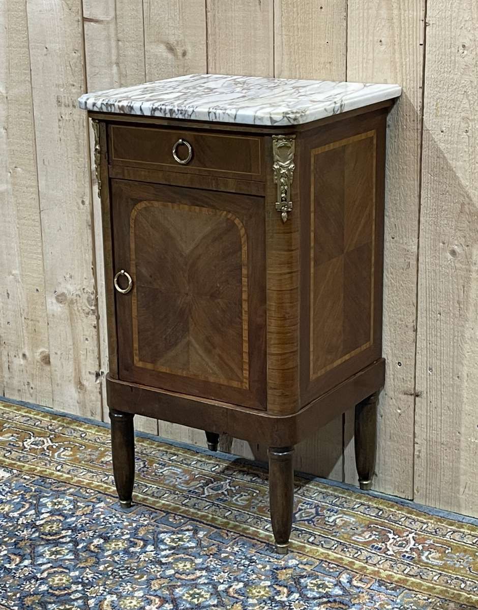 Nightstand In Marquetry And White Marble, Early 20th Century photo furniture
