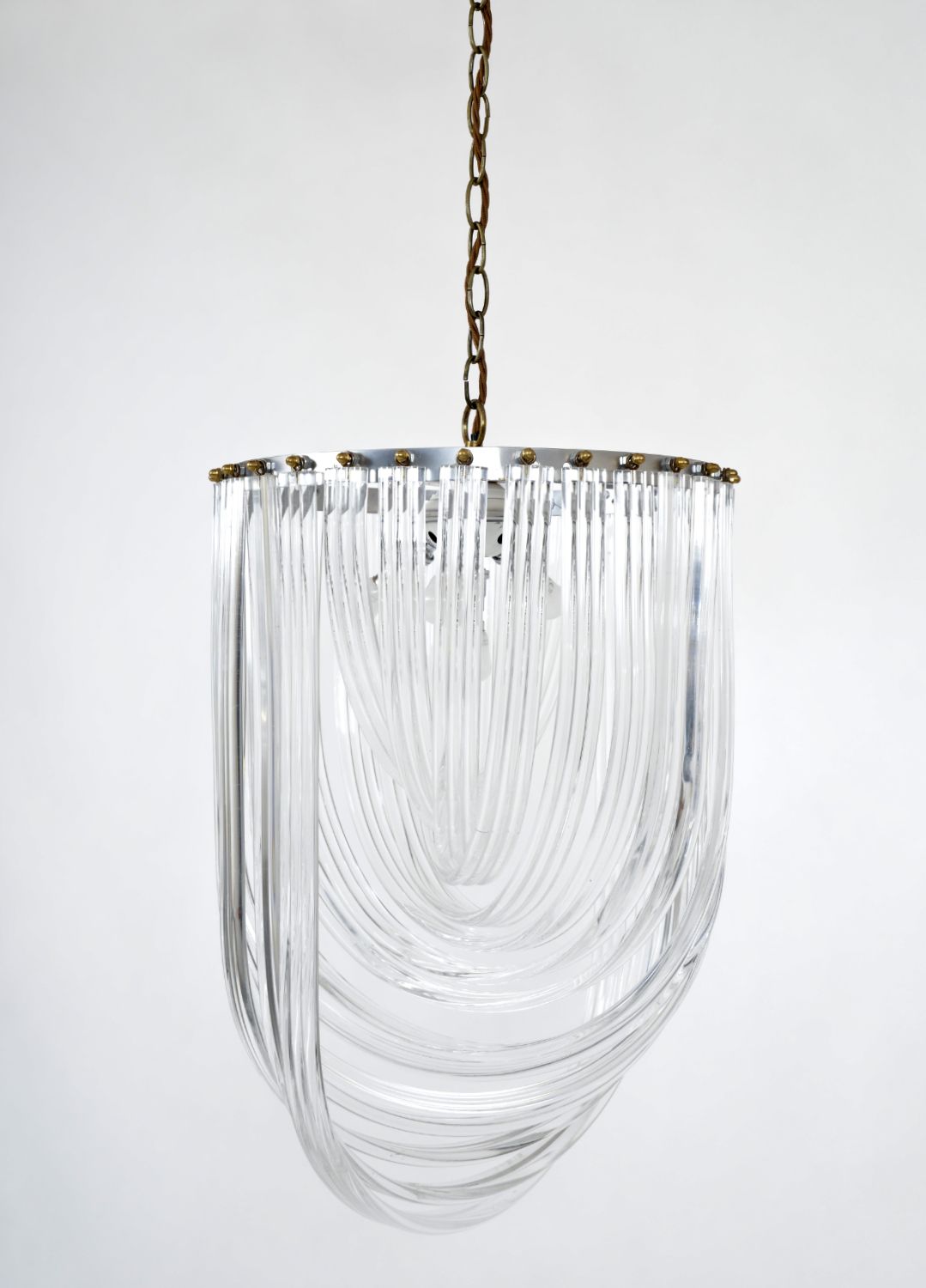 Large 1970s American Lucite Acrylic Ribbon And Brass Chandelier Hollywood Regency photo Lighting
