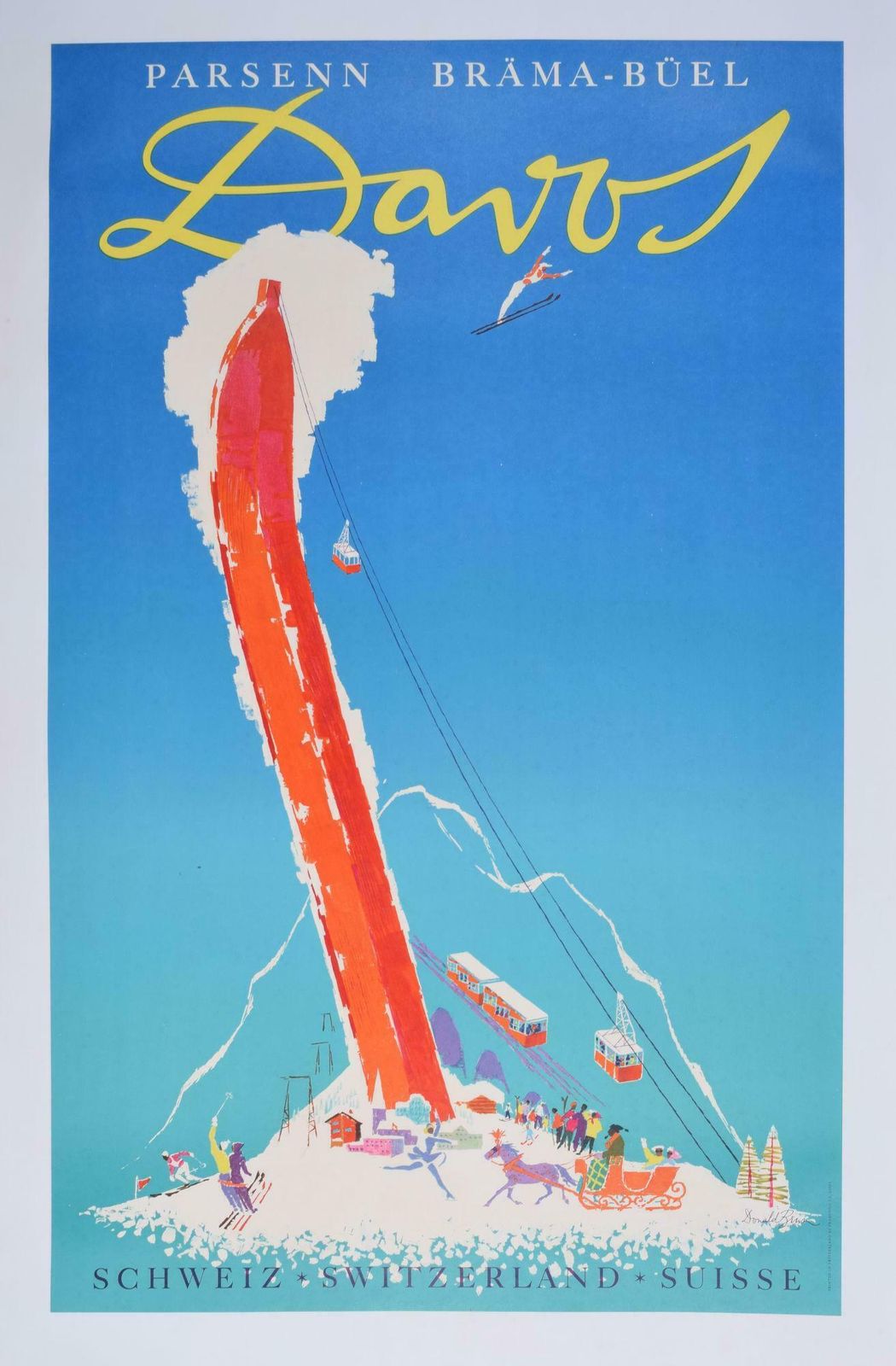 Donald Brun Davos, Switzerland Original Vintage Ski Poster By Donald Brun 1970s