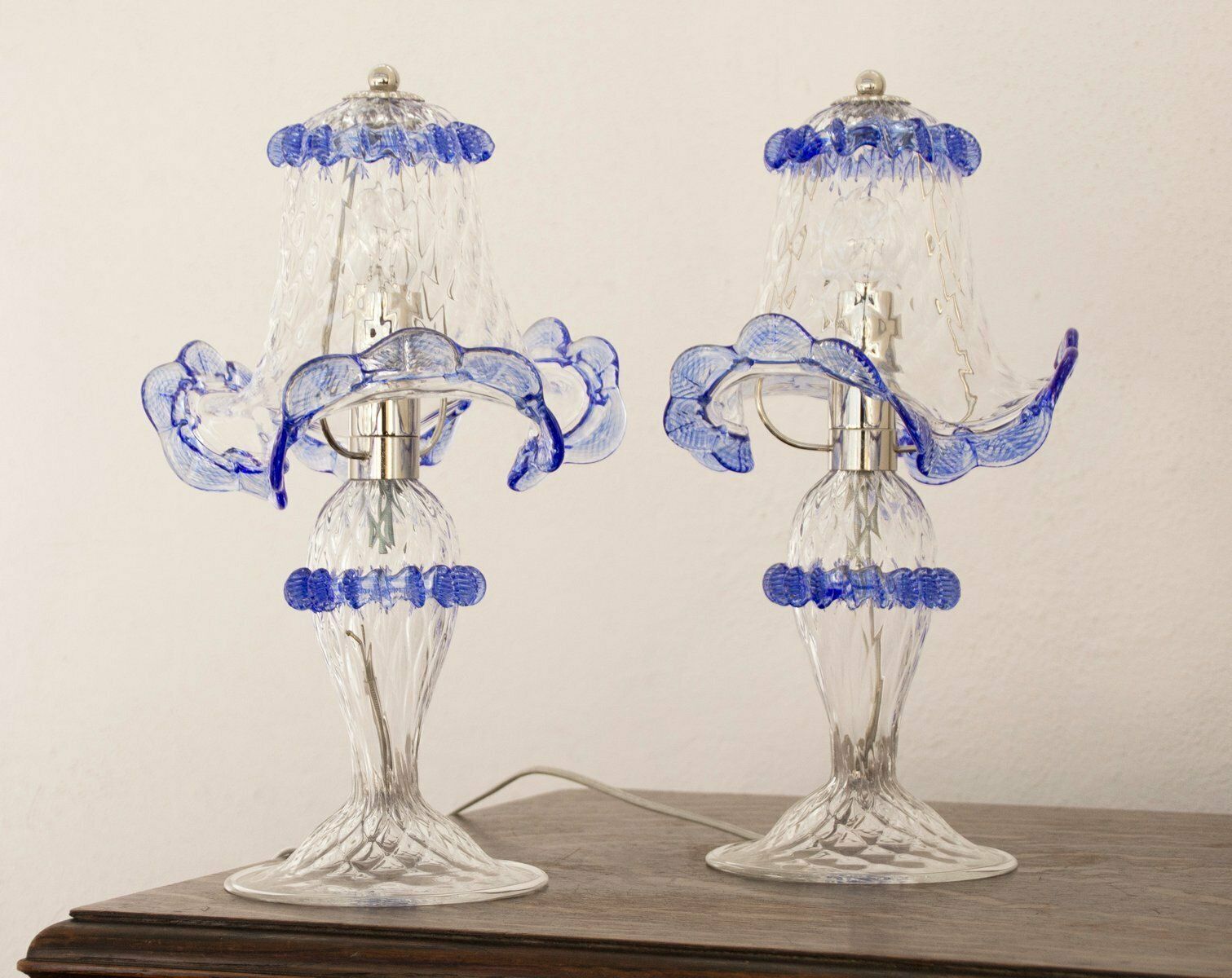 Clear And Blue Murano Glass Table Lamps, 2000s, Set Of 2 photo for sale