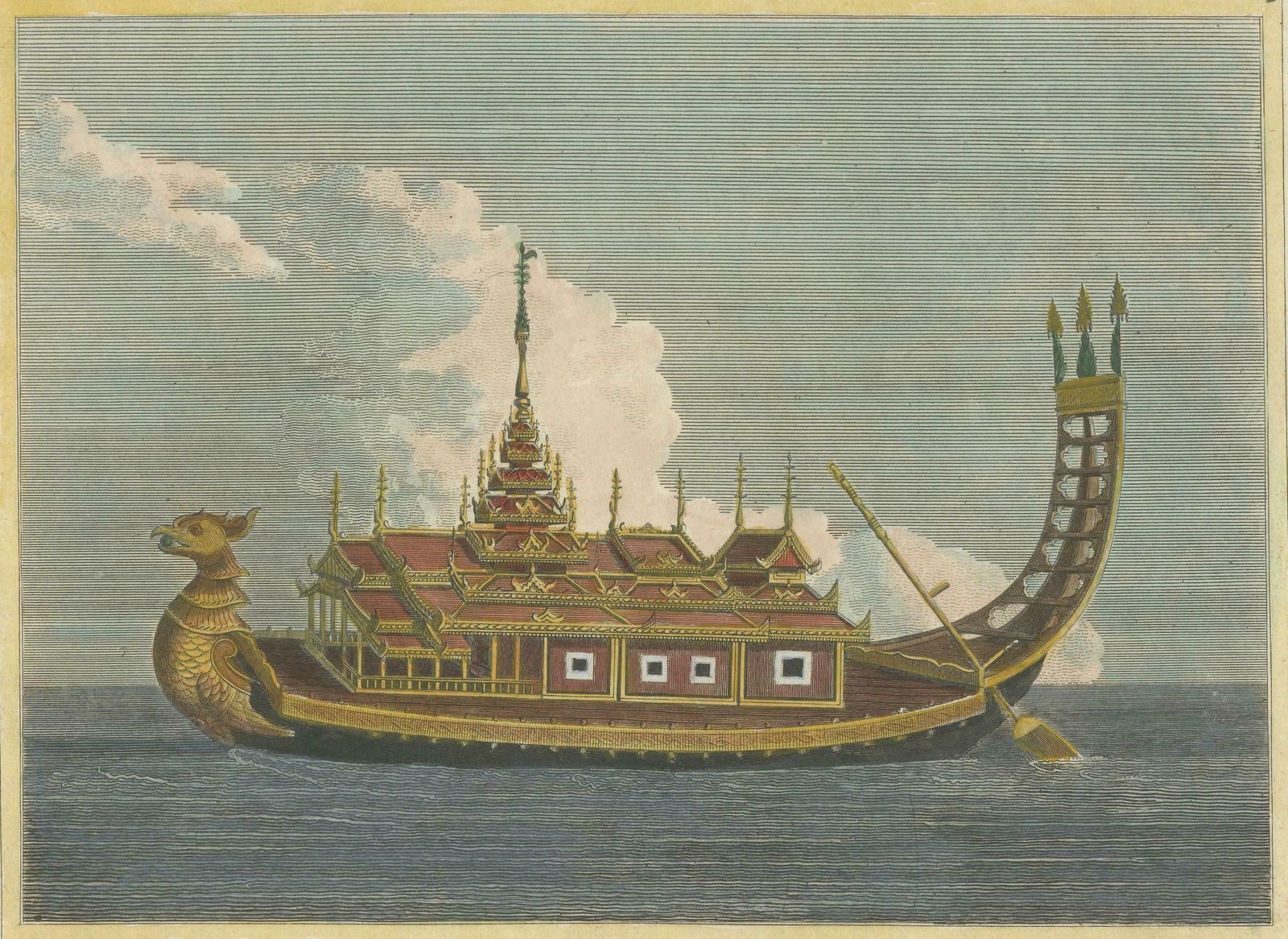Original Antique Print Of The Royal Golden Barge, Myanmar (Burma), C.1795 photo for sale