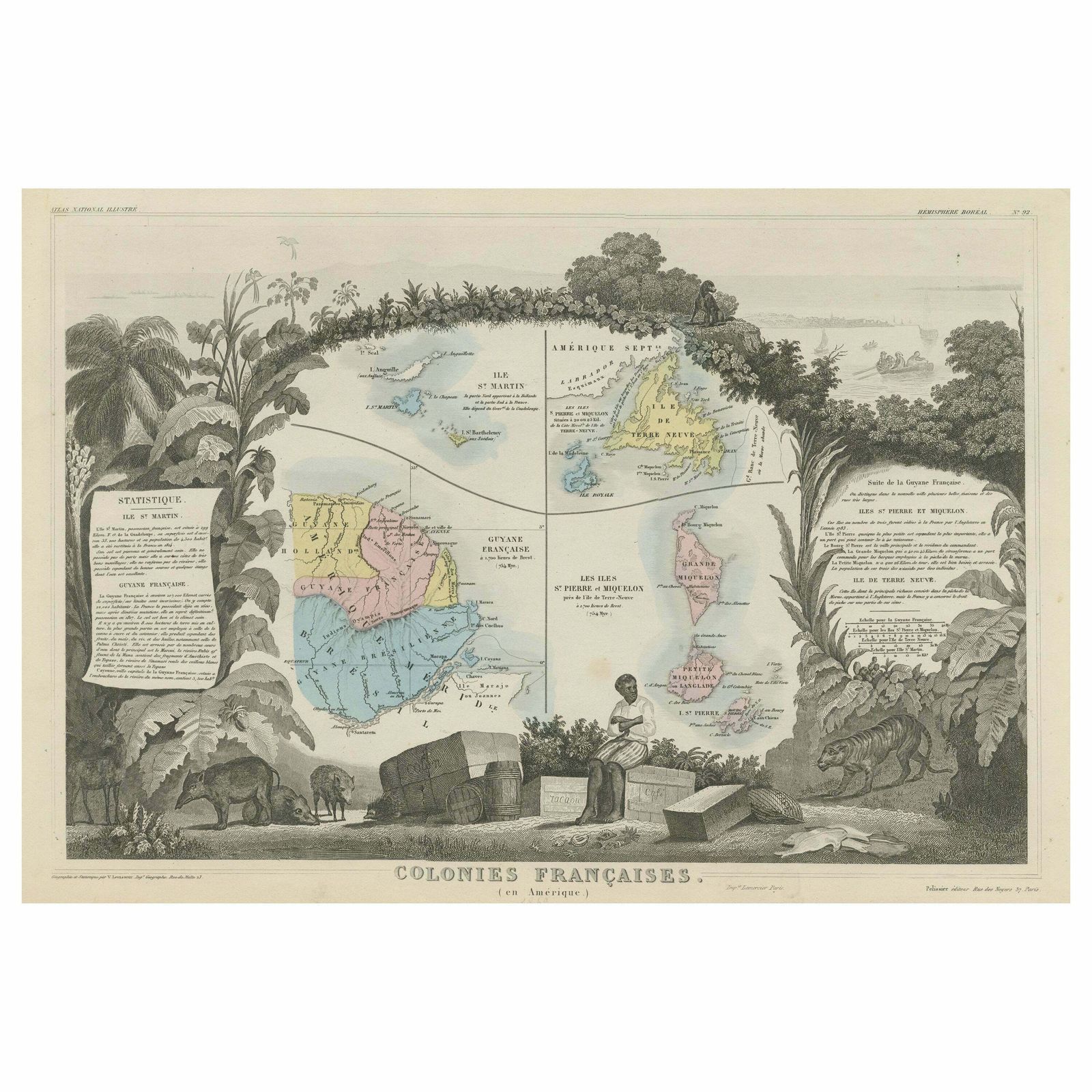 Original Steel Engraved Map Of French Colonies In America, 1854