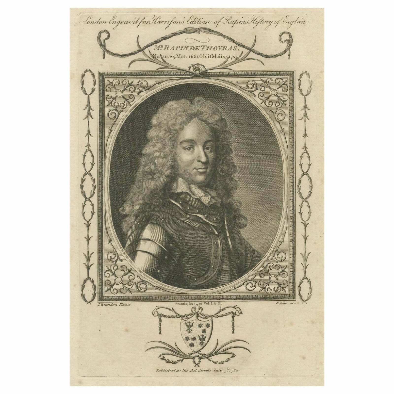 Authentic 1784 Engraved Portrait Of Historian Rapin De Thoyras