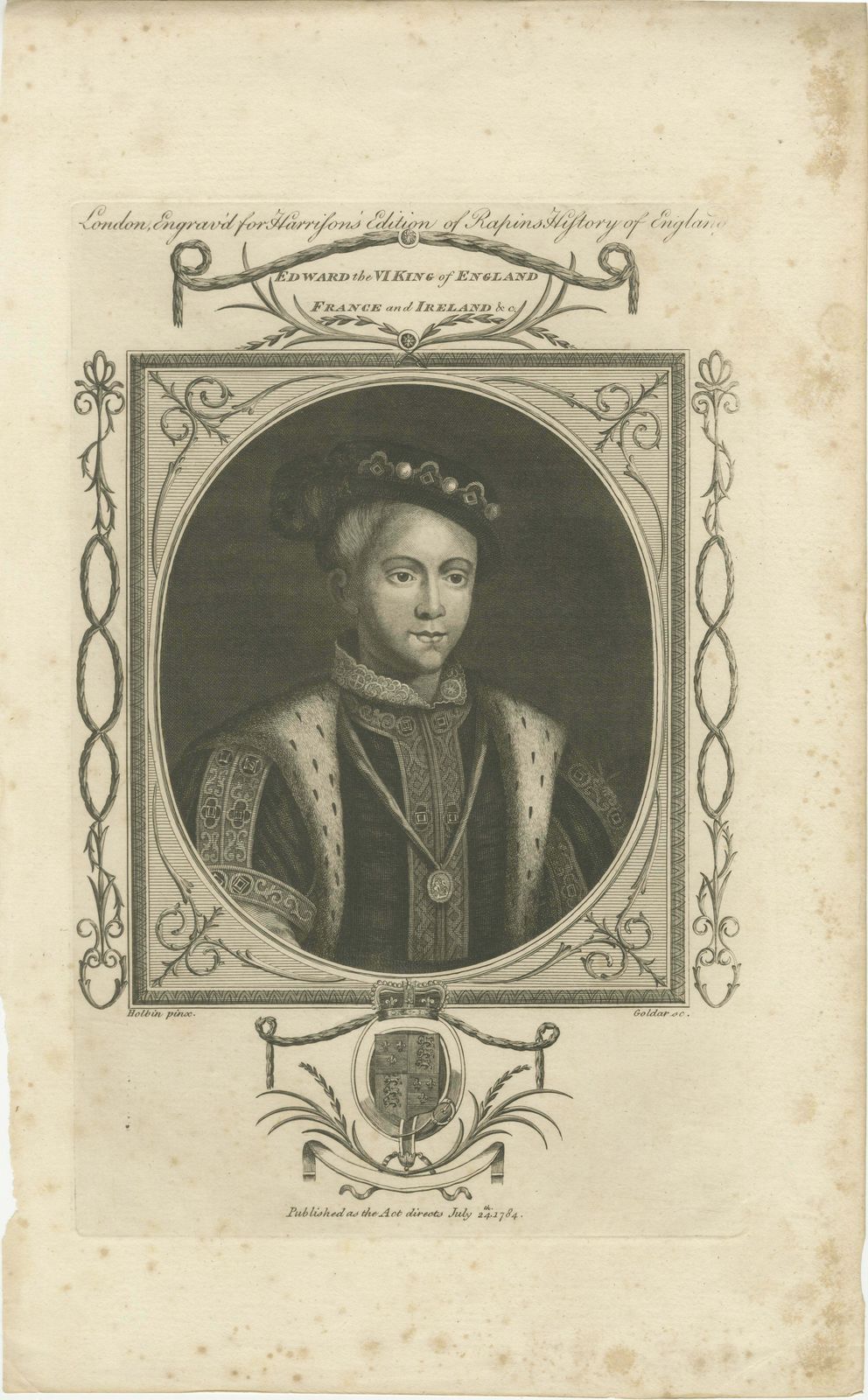 1784 Engraved Portrait Of Edward VI   Young English Monarch photo furniture