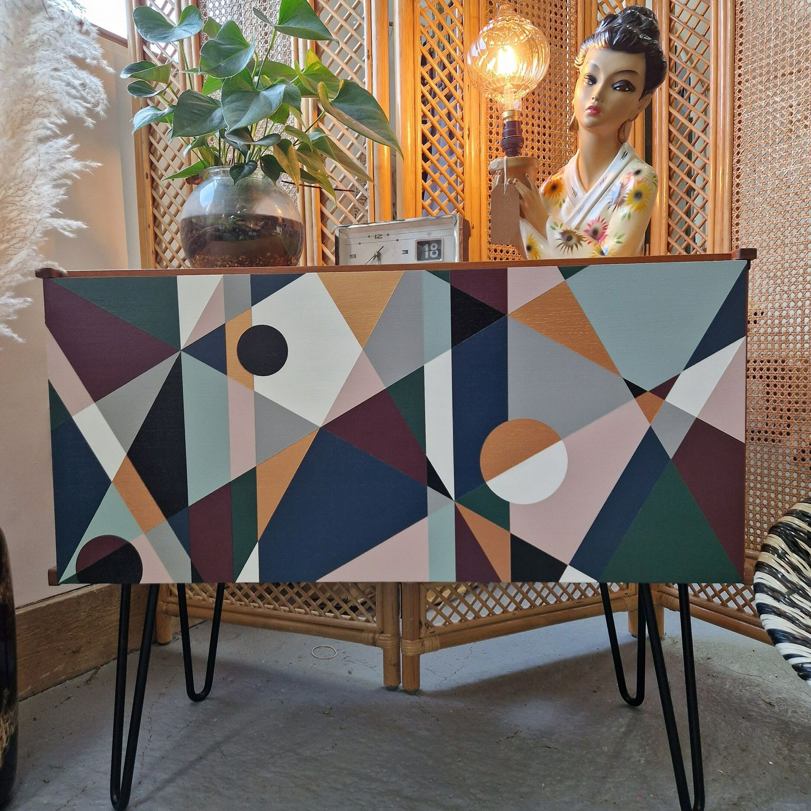 Bespoke Hand Painted Geometric Design, Mid Century Cabinet, Custom Furniture, Unique Storage Solution. photo furniture