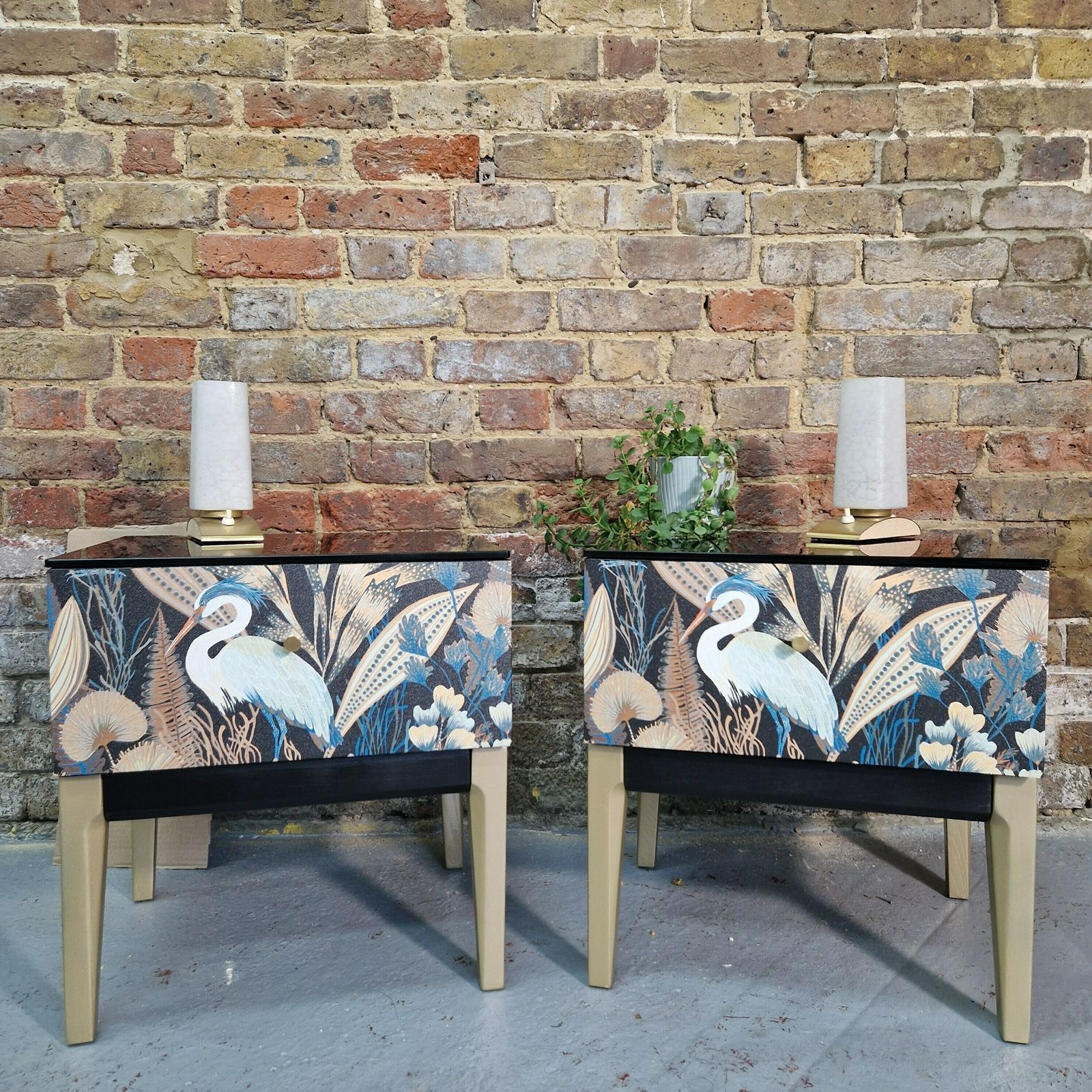 Chic Mid Century Style Bedside Tables Nightstands, Heron Pattern Design, Vintage Inspired Nightstand Set, Artisan Crafted Mid Century Tables photo Furniture
