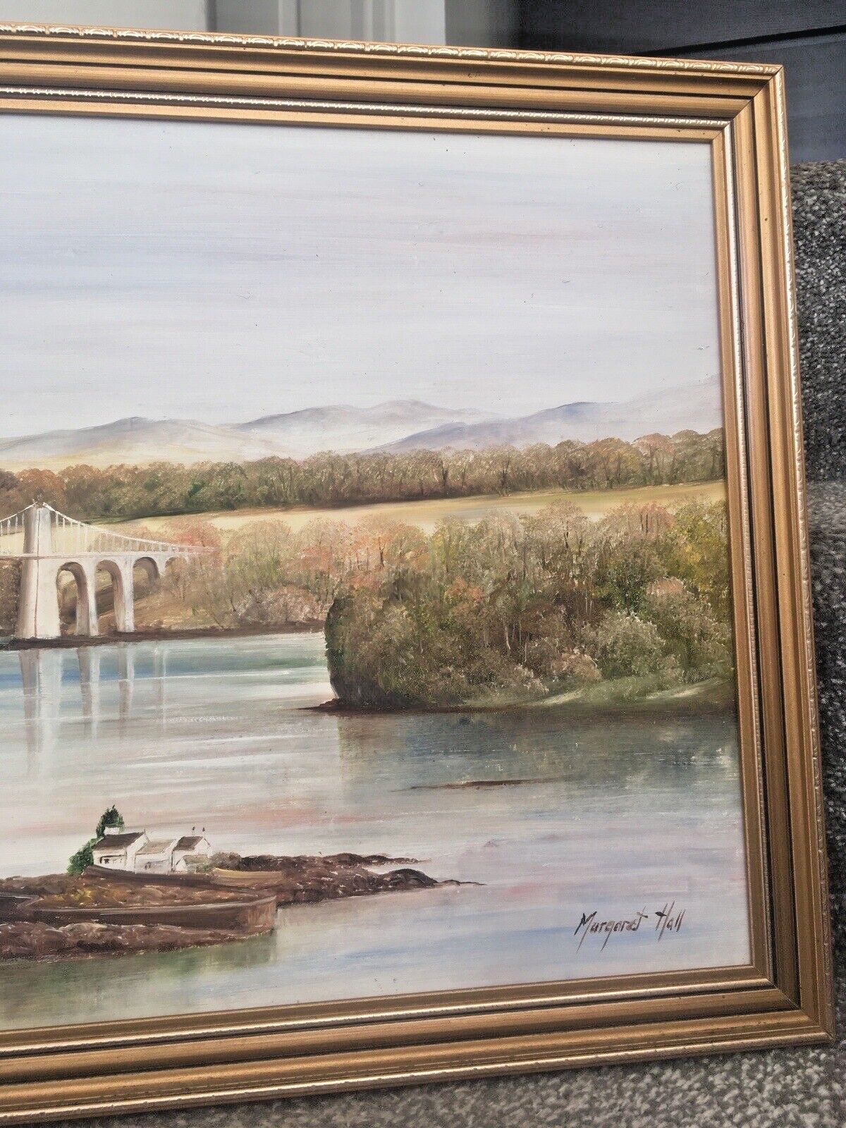 Original Margaret Hall Framed Oil Painting Menai Suspension Bridge Anglesey Snowdonia View photo Art