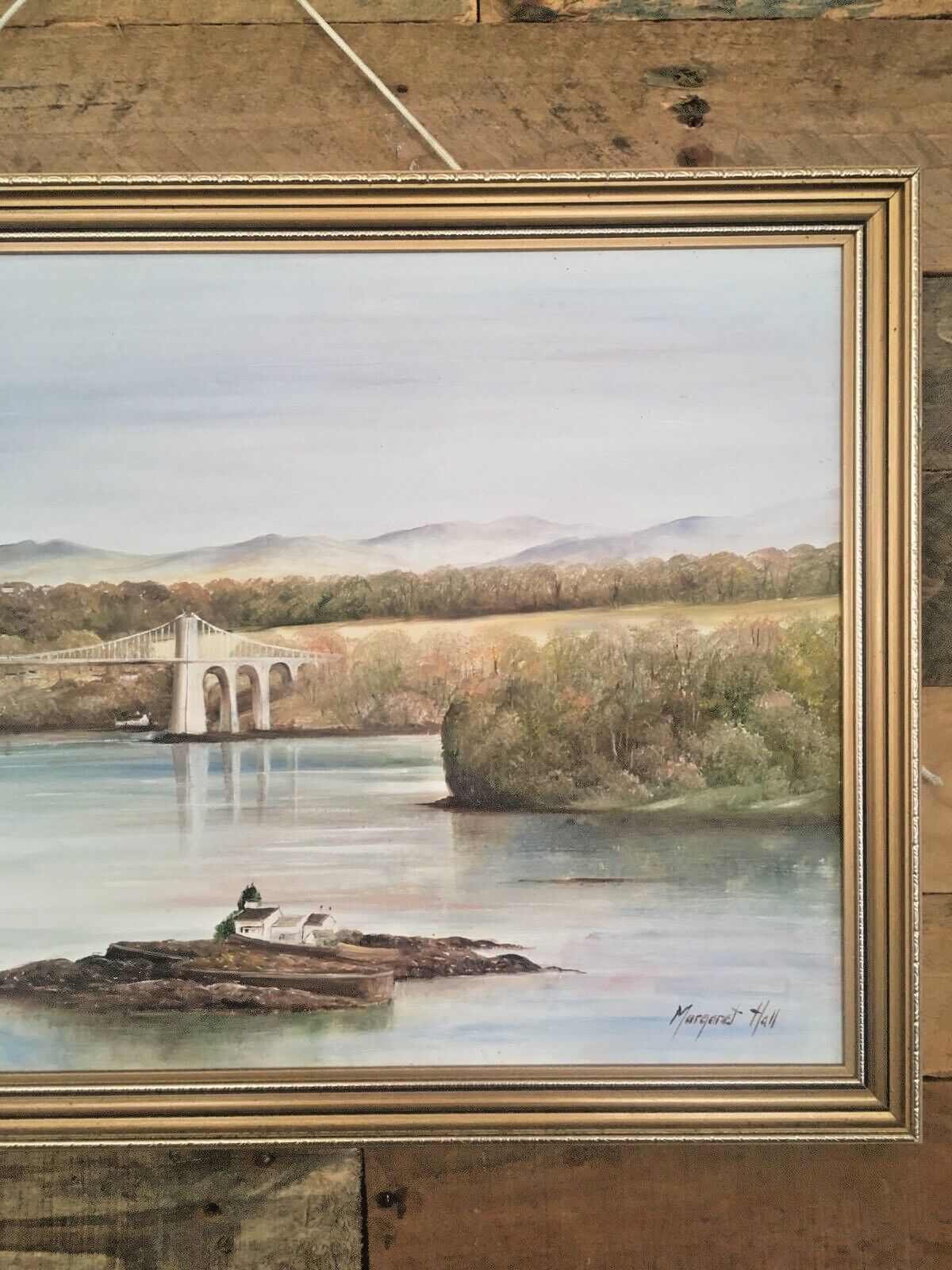 Original Margaret Hall Framed Oil Painting Menai Suspension Bridge Anglesey Snowdonia View photo vintage