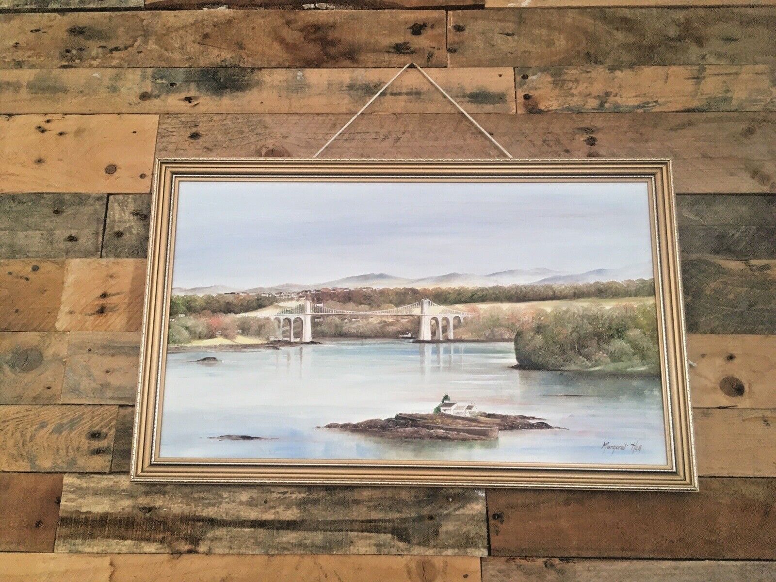 185.0 Original Margaret Hall Framed Oil Painting Menai Suspension Bridge Anglesey Snowdonia View photo
