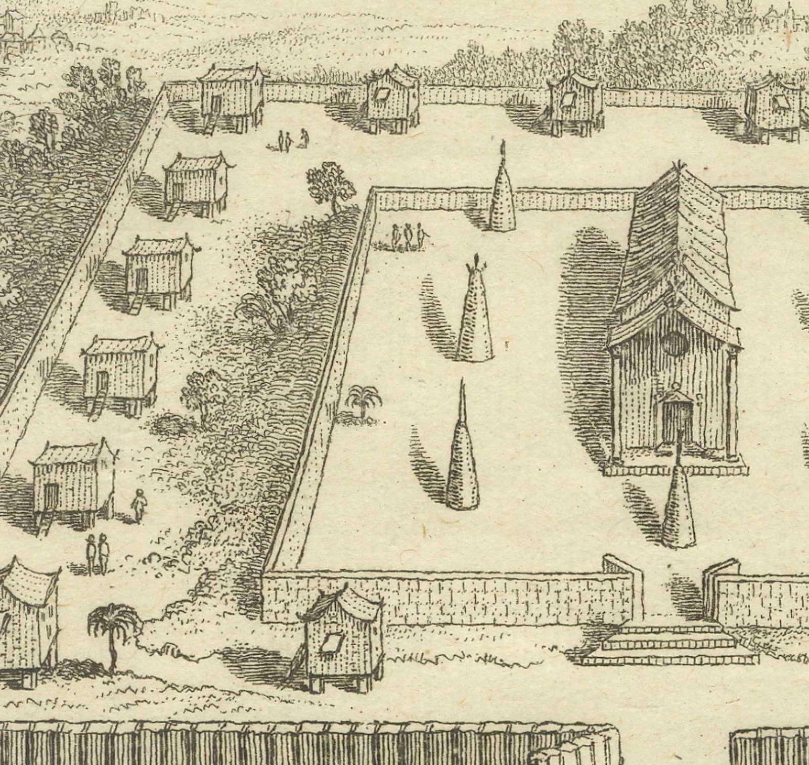 Engraving Of Thai Buddhist Temple And Monastery In Ayutthaya, Siam, 1751 photo for sale