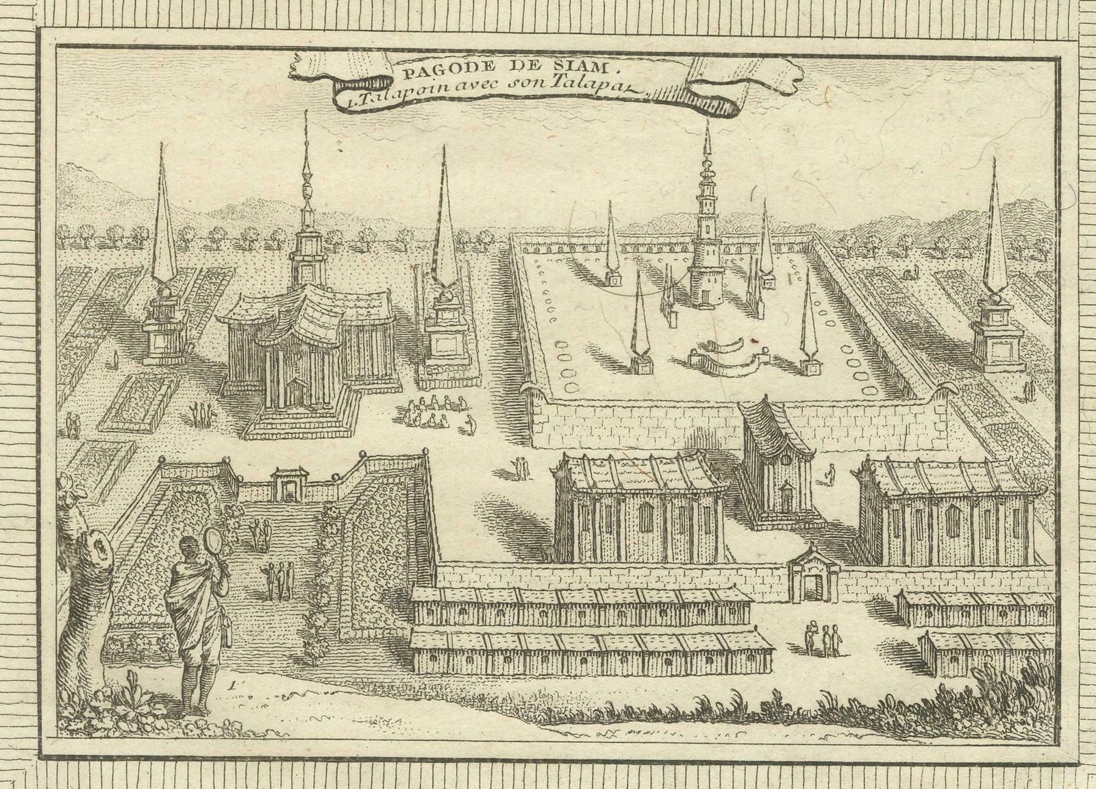 Engraving Of Thai Buddhist Temple And Monastery In Ayutthaya, Siam, 1751 photo 185.0
