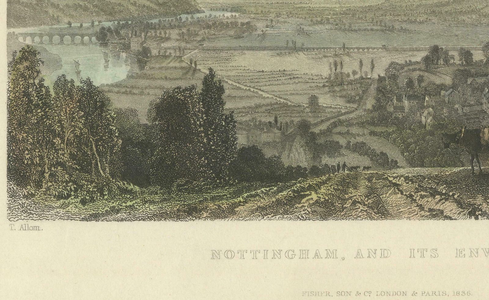 View Of Nottingham And The Trent River In A Steel Engraving, 1836 photo for sale