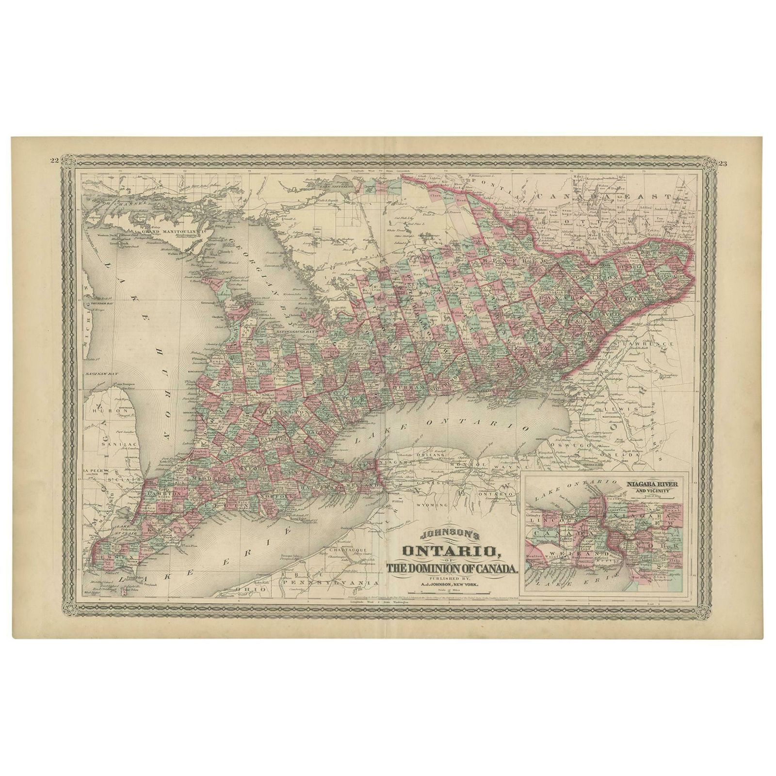 Antique Map Of Ontario With An Inset Map Of The Niagara River By Johnson, 1872