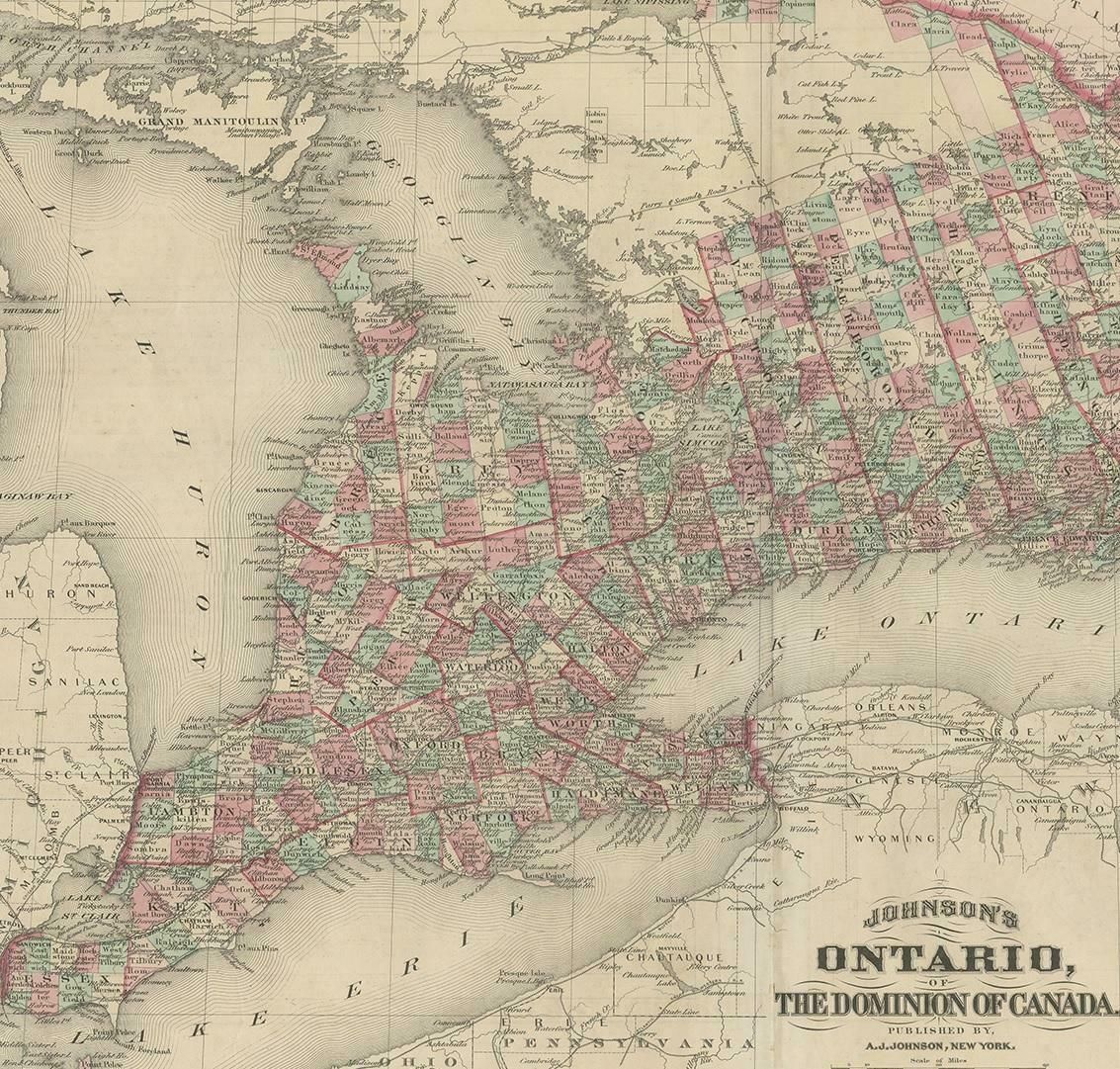 Antique Map Of Ontario With An Inset Map Of The Niagara River By Johnson, 1872 photo for sale