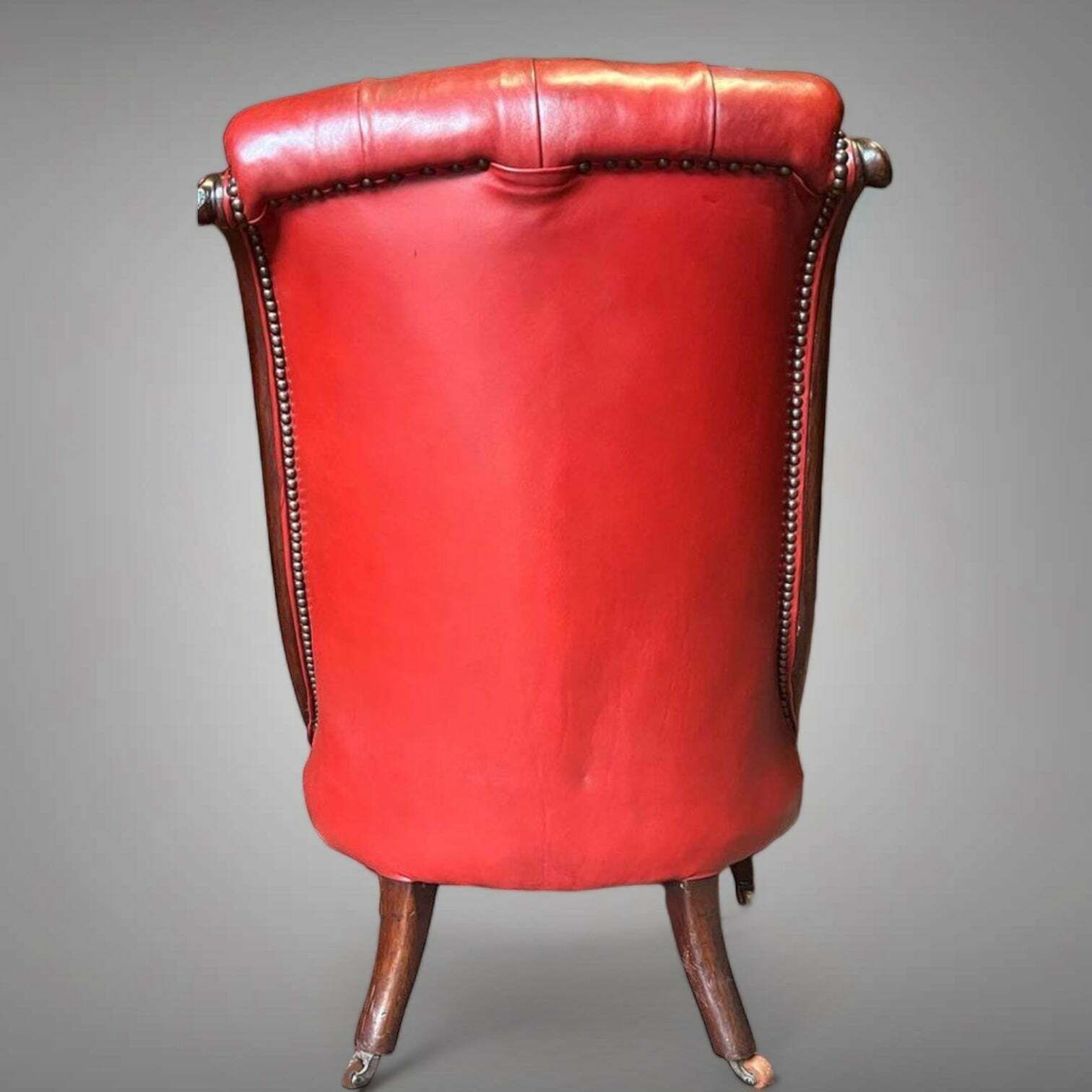 Beautiful Antique Aged Leather Gillows Slipper Chair Exceptional Quality & Form With Hand Carved Mahogany Frame 1880 photo 956.0