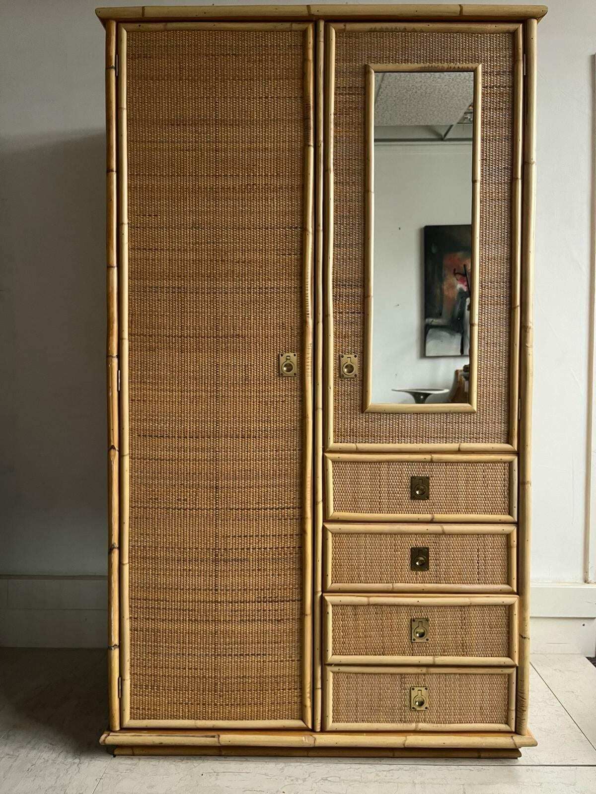 Italian Dal Vera Cane Wardrobe With Drawers And Mirror / Storage / Hanging Space photo vintage