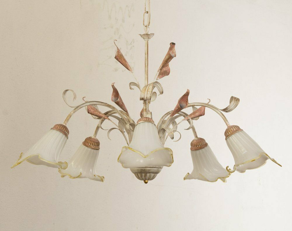 5 Light Pendant Chandelier In White Murano Glass And Handmade Brass Structure, Italy, 1980s