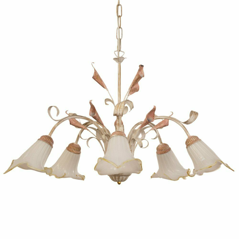 5 Light Pendant Chandelier In White Murano Glass And Handmade Brass Structure, Italy, 1980s photo furniture